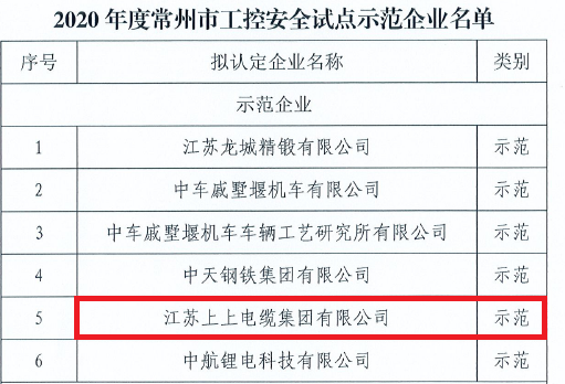 ag亚娱集团电缆获评常州市首批“工控清静树模企业”称呼