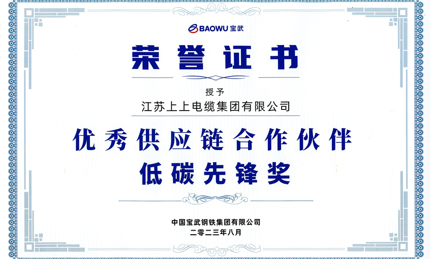 ag亚娱集团电缆荣获宝武集团“2022年度优异供应链相助同伴——低碳先锋奖”